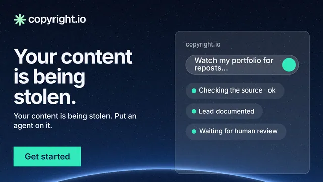 Landscape graphic for copyright.io: "Your content is being stolen." Swiss style, bottom layout, dark palette in black, blue, teal.
