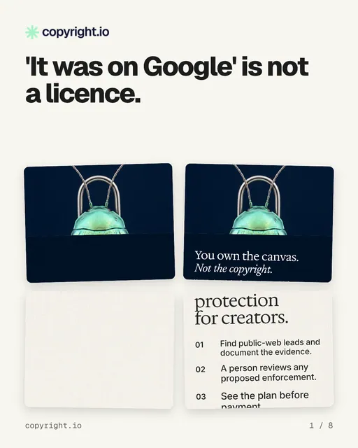 Carousel for copyright.io: "'It was on Google' is not a licence.". Collection carousel, 8 slides, light palette.