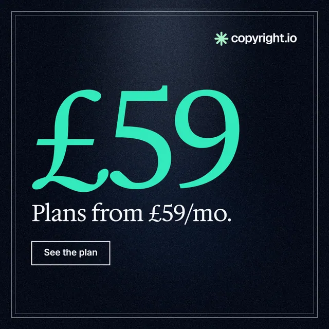 Instagram post for copyright.io: "Your content is being stolen. Put an agent on it." Dark deco style, stat layout, dark palette in black, teal.