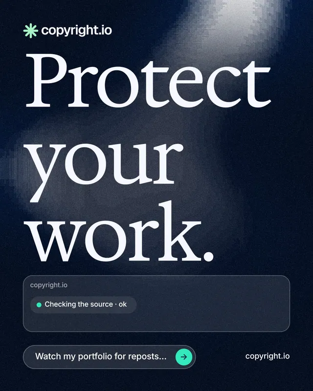 Instagram portrait post for copyright.io: "Protect your work." Thermal style, poster layout, dark palette in blue, black, grey.