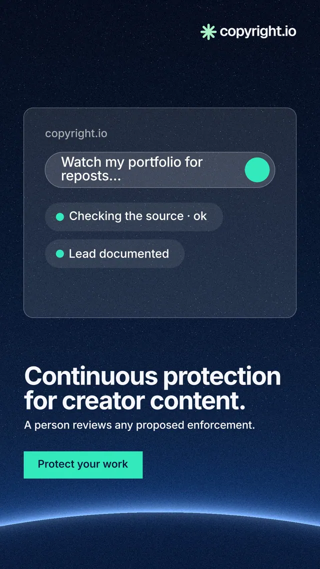 Instagram story for copyright.io: "Continuous protection for creator content." Swiss style, bottom layout, dark palette in blue, black.