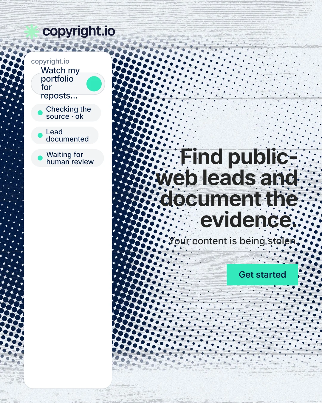 Instagram portrait post for copyright.io: "Find public-web leads and document the evidence." Swiss style, right layout, light palette in blue, white, grey.
