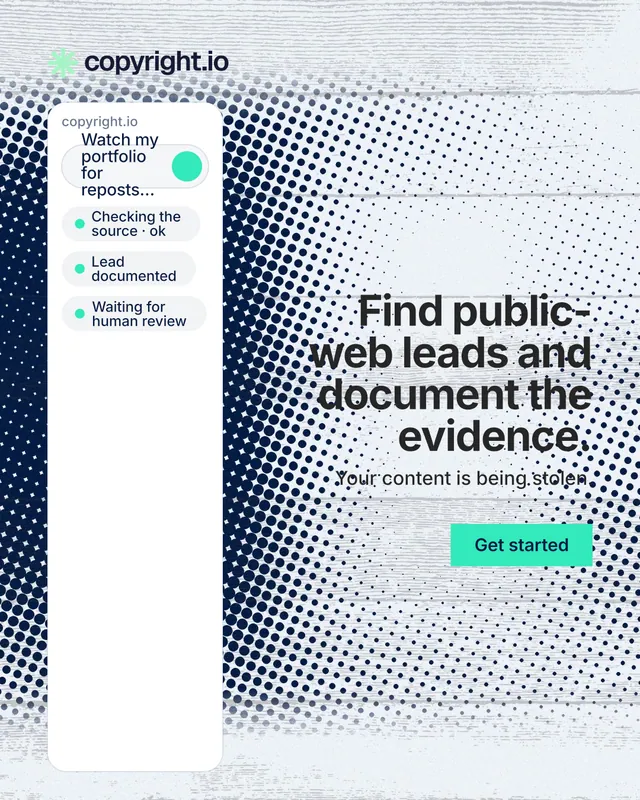 Instagram portrait post for copyright.io: "Find public-web leads and document the evidence." Swiss style, right layout, light palette in blue, white, grey.