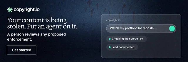 X header for copyright.io: "Your content is being stolen. Put an agent on it." Dark deco style, bottom layout, dark palette in blue, black, grey.