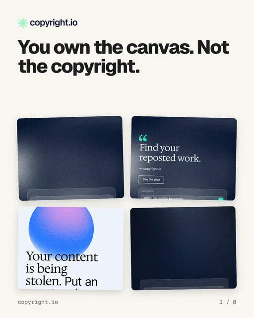 Carousel for copyright.io: "You own the canvas. Not the copyright.". Collection carousel, 8 slides, light palette.