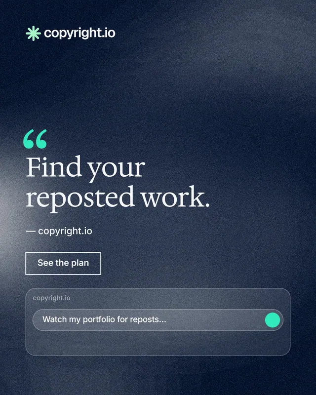 Instagram portrait post for copyright.io: "Find your reposted work." Cyanotype style, quote layout, dark palette in blue, grey.