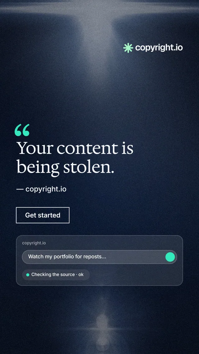Instagram story for copyright.io: "Your content is being stolen." Dark deco style, quote layout, dark palette in blue, black, grey.