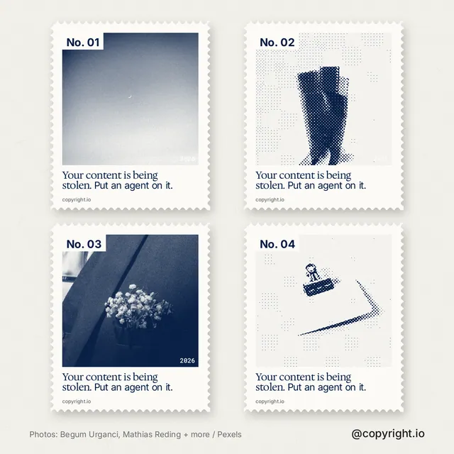Instagram post for copyright.io: "Your content is being stolen. Put an agent on it." Sheet style, technique:stamp series layout, light palette in white, grey.