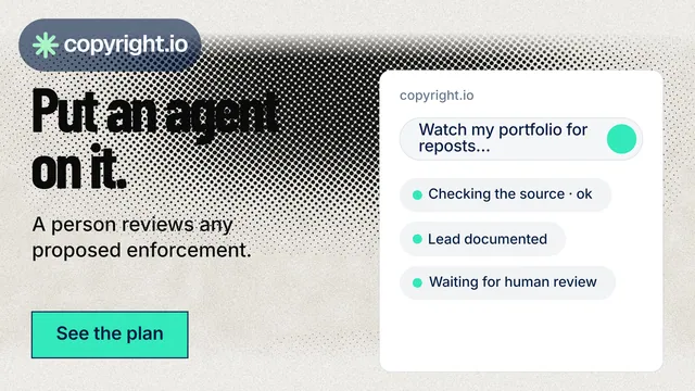 Landscape graphic for copyright.io: "Put an agent on it." Ink sticker style, bottom layout, light palette in white, grey.
