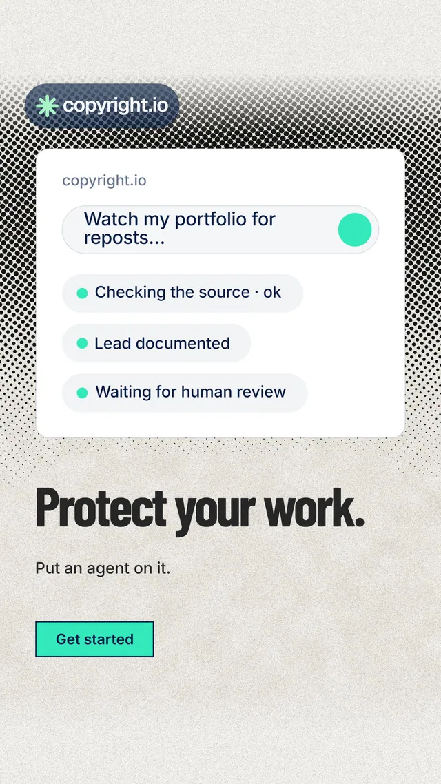 Instagram story for copyright.io: "Protect your work." Ink sticker style, bottom layout, light palette in white, grey.