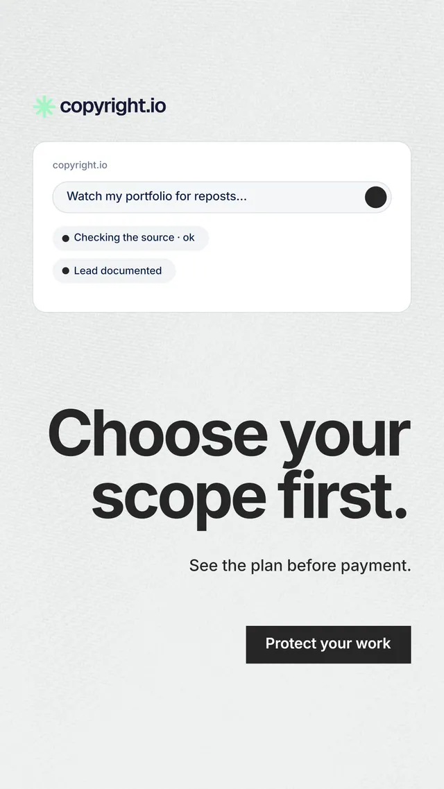 Instagram story for copyright.io: "Choose your scope first." Swiss style, right layout, light palette in white, grey.