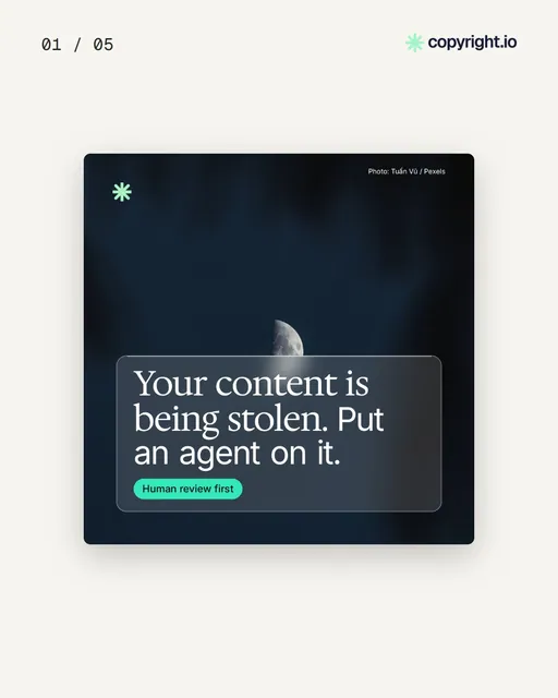 Video for copyright.io. Ad flipbook, 7.5 s, light palette.