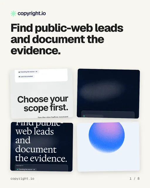 Carousel for copyright.io: "Find public-web leads and document the evidence.". Collection carousel, 8 slides, light palette.