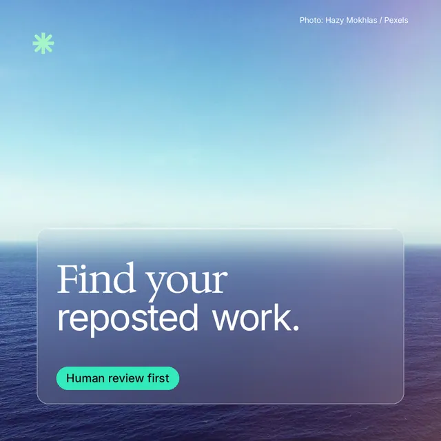 Instagram post for copyright.io: "Find your reposted work." Glass style, technique:pexels ingredient layout, light palette in blue, teal.