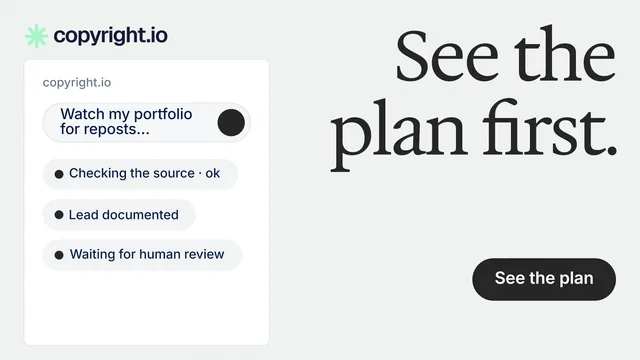 Landscape graphic for copyright.io: "See the plan first." Data card style, right layout, light palette in white, grey.