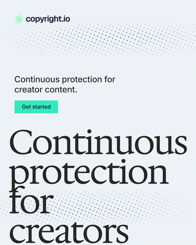 Instagram portrait post for copyright.io: "Continuous protection for creators." Swiss style, oversized layout, light palette in white, grey, blue.