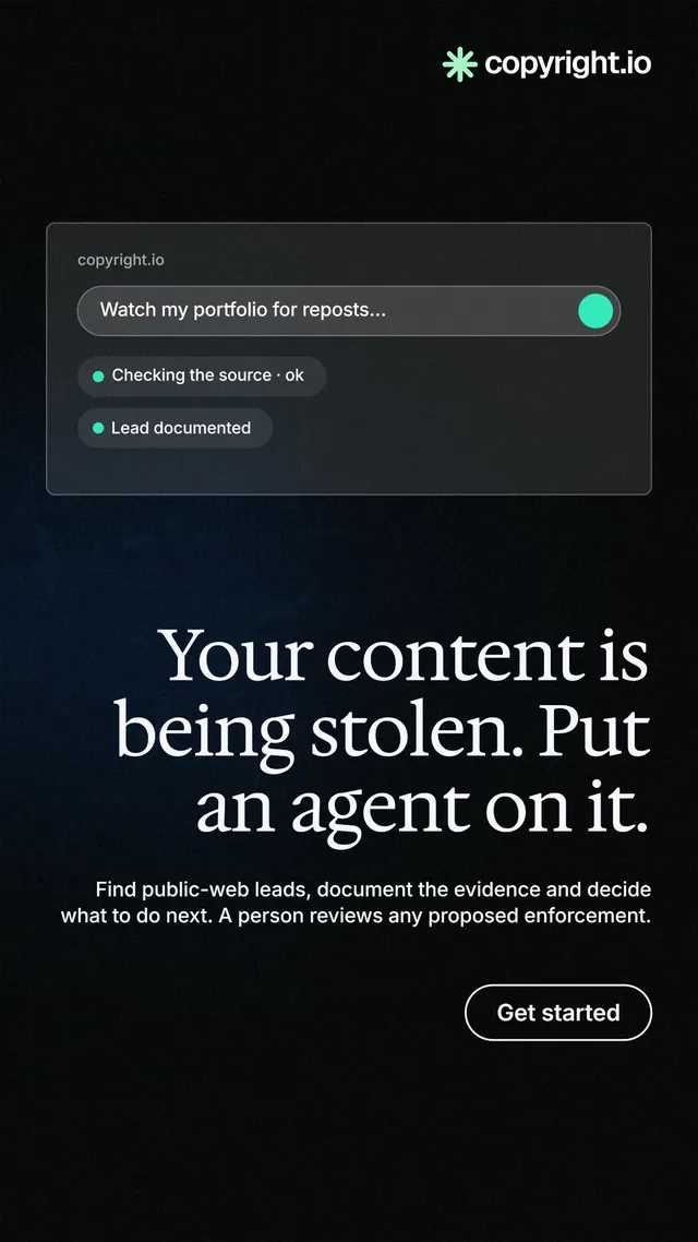 Instagram story for copyright.io: "Your content is being stolen. Put an agent on it." Phosphor atlas style, right layout, dark palette in black.