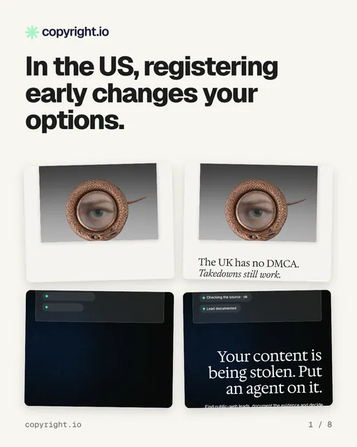 Carousel for copyright.io: "In the US, registering early changes your options.". Collection carousel, 8 slides, light palette.
