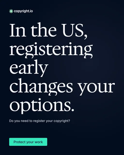 Video for copyright.io: "In the US, registering early changes your options.". Doc motion loop, 7.0 s, dark palette.