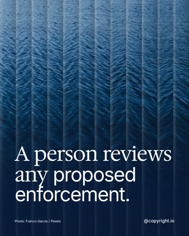Instagram portrait post for copyright.io: "A person reviews any proposed enforcement." Photo style, technique:fluted glass layout, dark palette in blue.