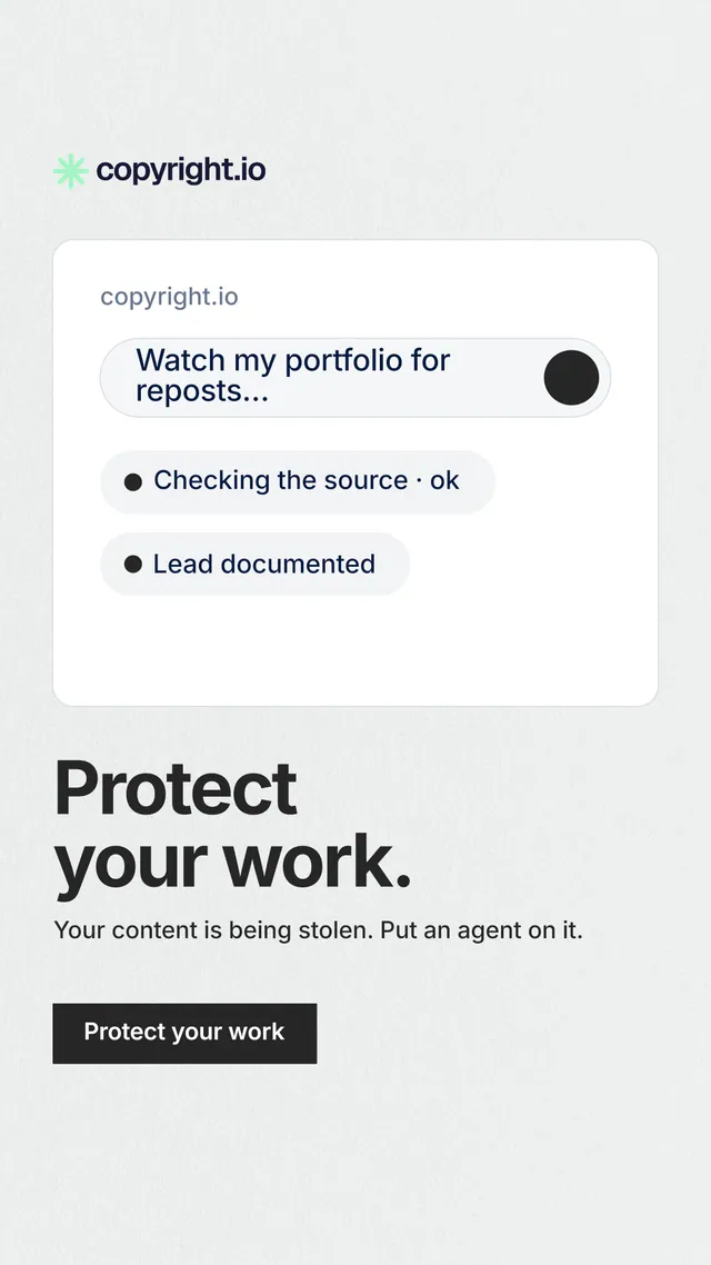 Instagram story for copyright.io: "Protect your work." Swiss style, bottom layout, light palette in white, grey.