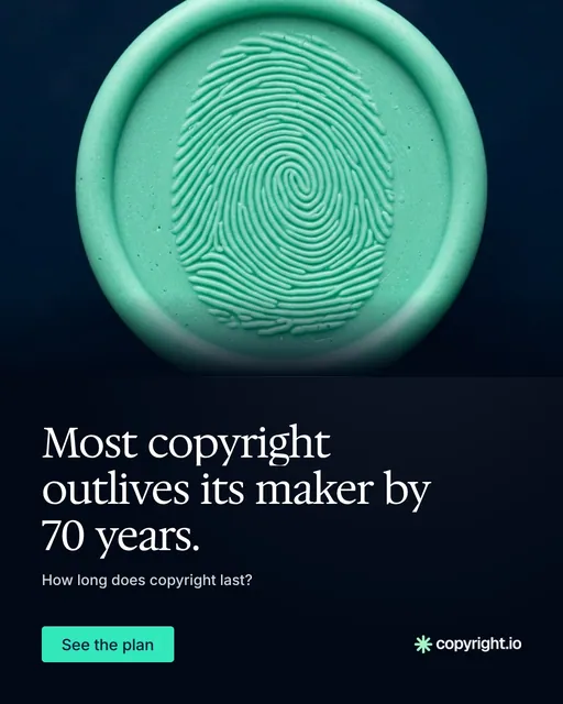 Video for copyright.io: "Most copyright outlives its maker by 70 years.". Doc motion loop, 8.0 s, dark palette.