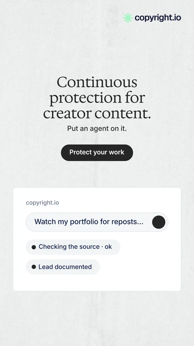 Instagram story for copyright.io: "Continuous protection for creator content." Data card style, centred layout, light palette in white, grey.
