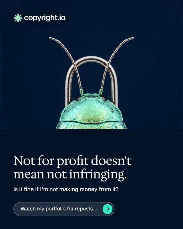 Instagram portrait post for copyright.io: "Not for profit doesn't mean not infringing." Agentic glass style, bottom layout, dark palette in black, blue.