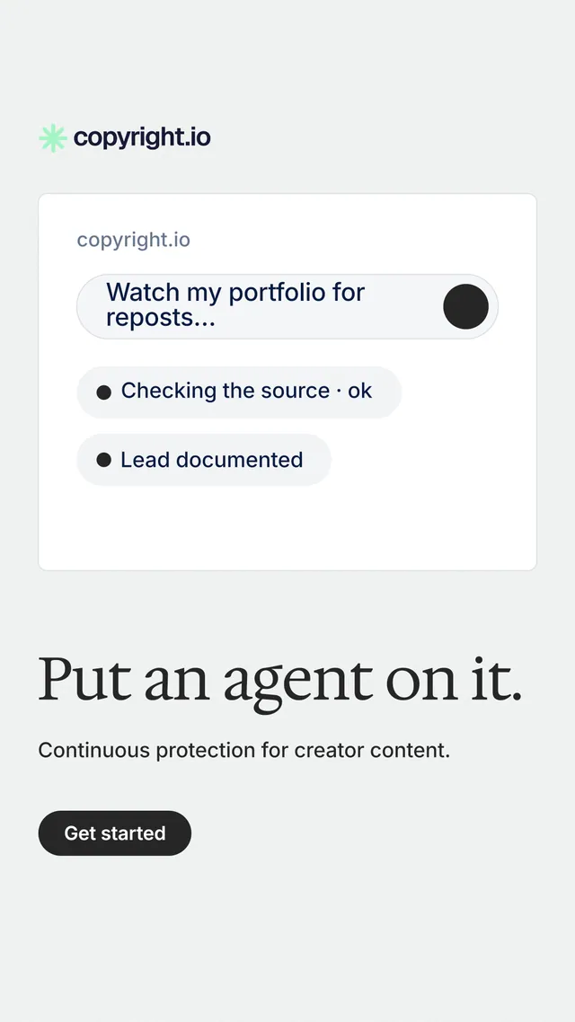 Instagram story for copyright.io: "Put an agent on it." Data card style, bottom layout, light palette in white.