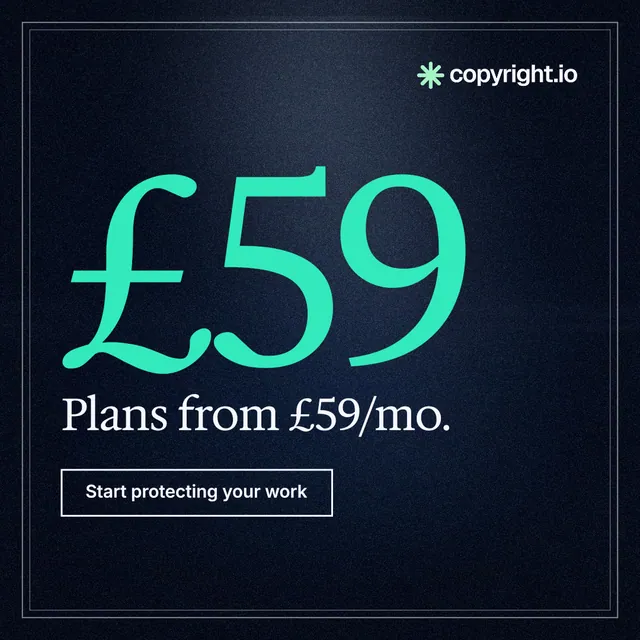 Instagram post for copyright.io: "See the plan before payment." Dark deco style, stat layout, dark palette in blue, black, teal.