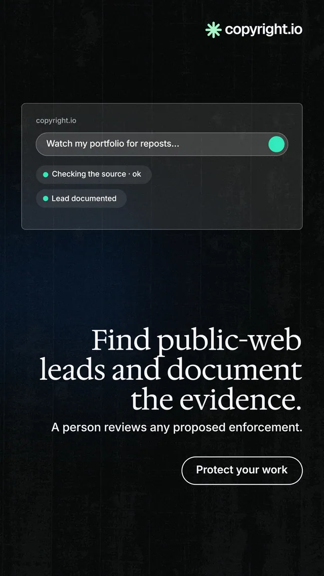 Instagram story for copyright.io: "Find public-web leads and document the evidence." Phosphor atlas style, right layout, dark palette in black.