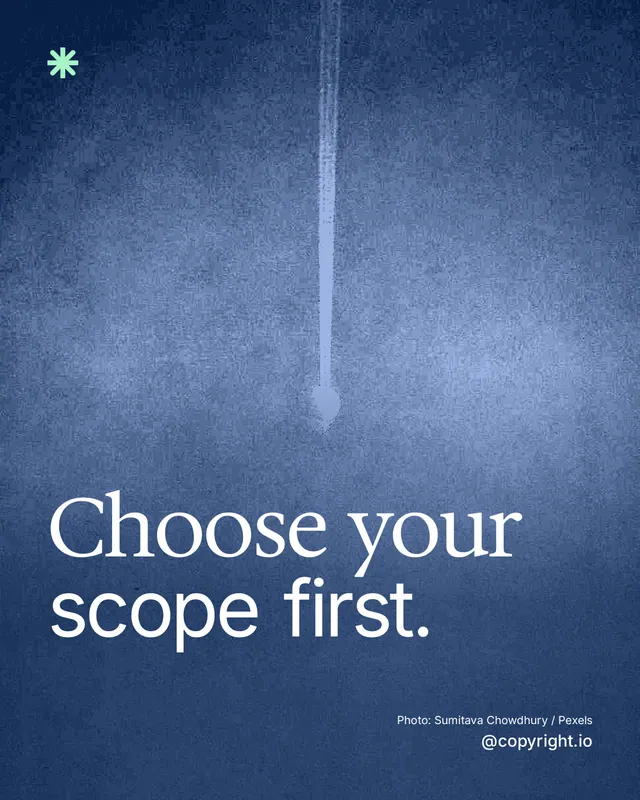 Instagram portrait post for copyright.io: "Choose your scope first." Duotone style, technique:pexels ingredient layout, dark palette in blue.