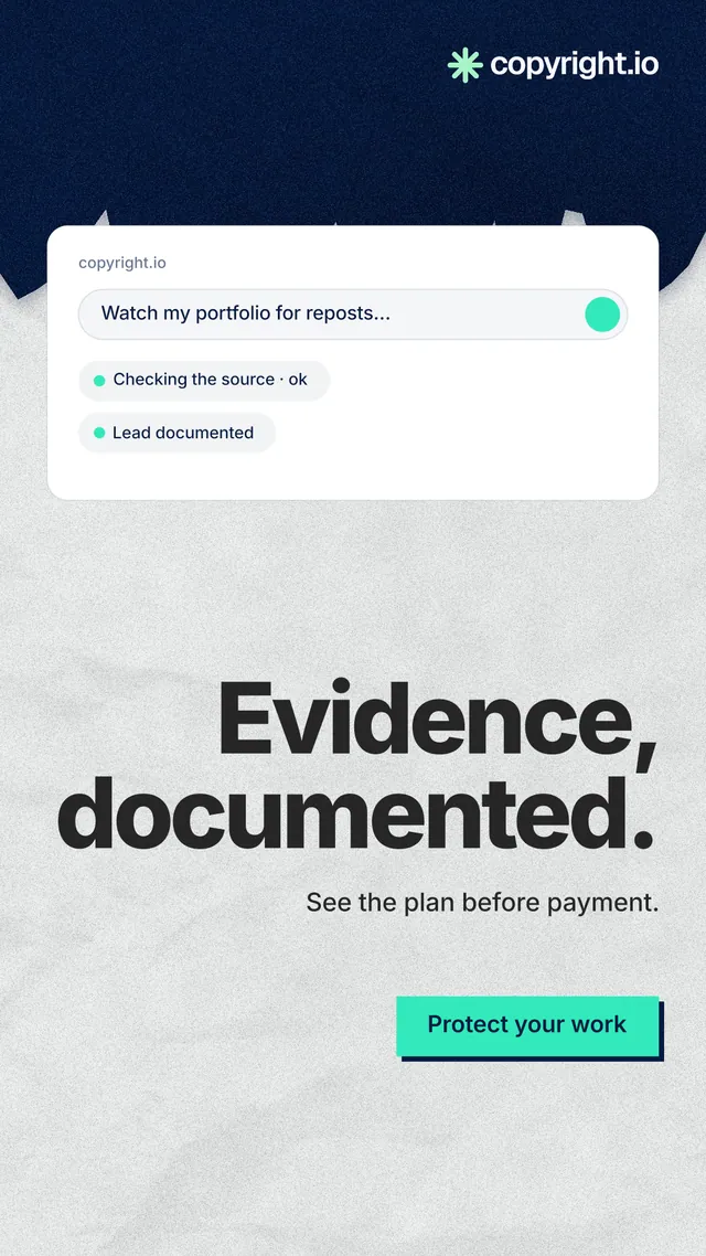 Instagram story for copyright.io: "Evidence, documented." Paper trio style, right layout, light palette in white, blue.
