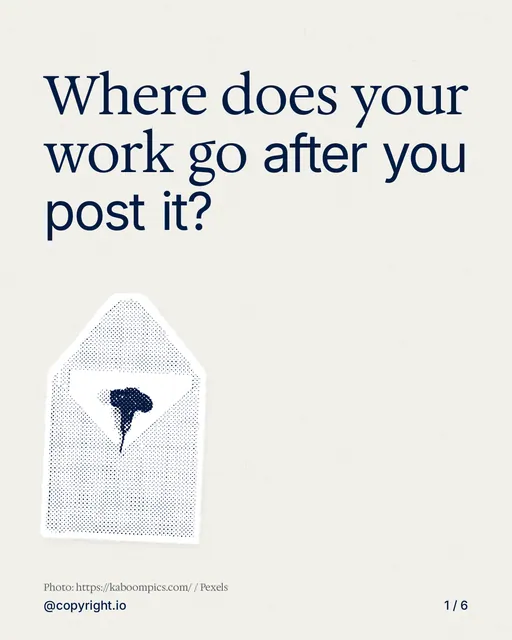 Carousel for copyright.io: "Where does your work go after you post it?". Cutout essay, 6 slides, light palette.