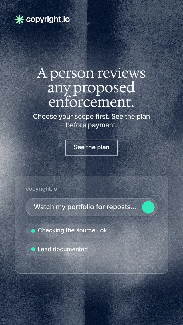 Instagram story for copyright.io: "A person reviews any proposed enforcement." Cyanotype style, centred layout, dark palette in blue, grey.