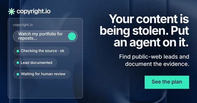 Social ad for copyright.io: "Your content is being stolen. Put an agent on it." Swiss style, right layout, dark palette in blue, black, teal.