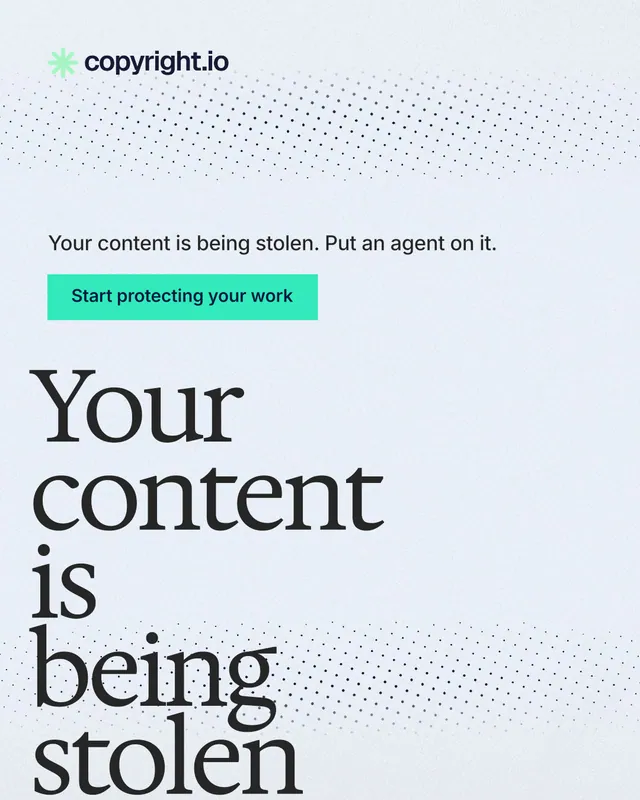 Instagram portrait post for copyright.io: "Your content is being stolen." Swiss style, oversized layout, light palette in white, blue, grey.