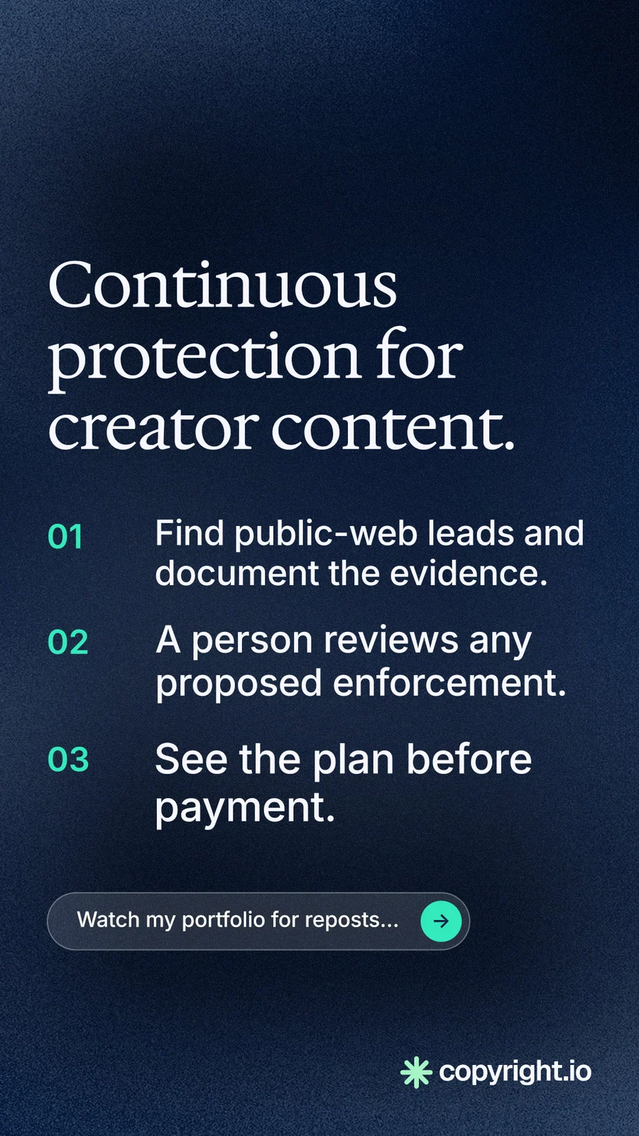 Instagram story for copyright.io: "Continuous protection for creator content." Agentic glass style, numbered layout, dark palette in blue, black, grey.