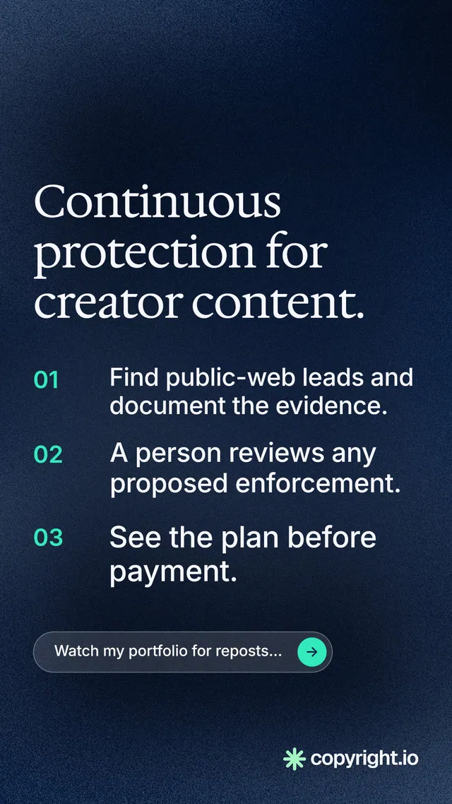 Instagram story for copyright.io: "Continuous protection for creator content." Agentic glass style, numbered layout, dark palette in blue, black, grey.