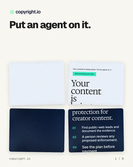 Carousel for copyright.io: "Put an agent on it.". Collection carousel, 8 slides, light palette.