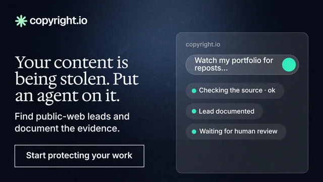 Landscape graphic for copyright.io: "Your content is being stolen. Put an agent on it." Dark deco style, bottom layout, dark palette in black, blue, grey.