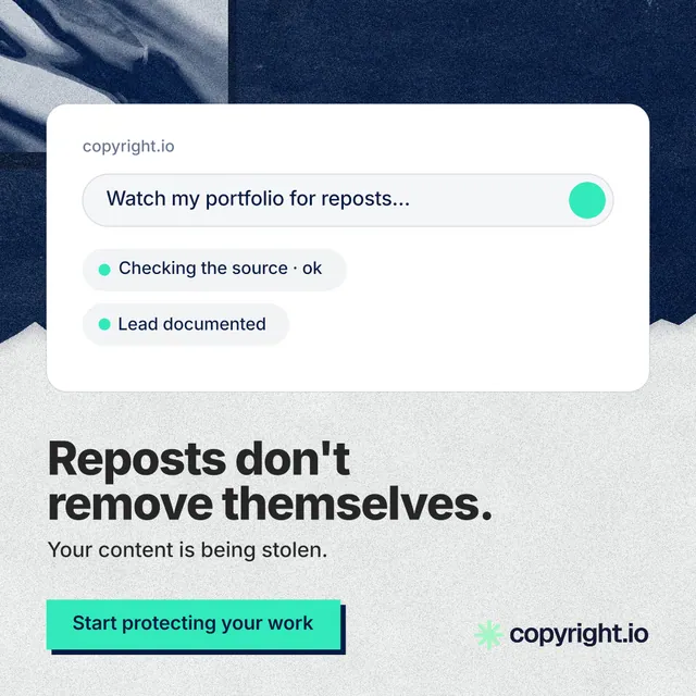 Instagram post for copyright.io: "Reposts don't remove themselves." Paper trio style, bottom layout, light palette in teal, white, blue.