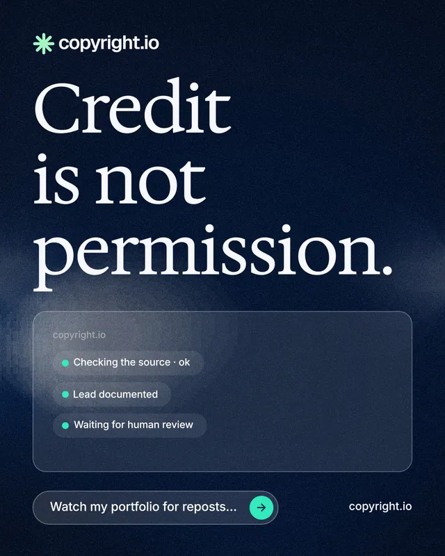 Instagram portrait post for copyright.io: "Credit is not permission." Thermal style, poster layout, dark palette in blue, black, grey.