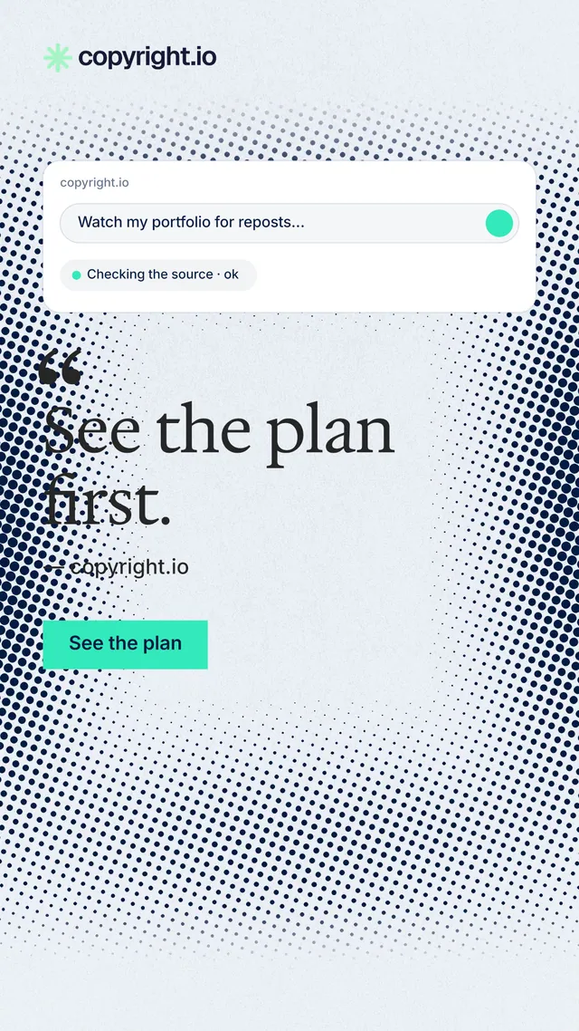 Instagram story for copyright.io: "See the plan first." Swiss style, quote layout, light palette in white, blue, grey.