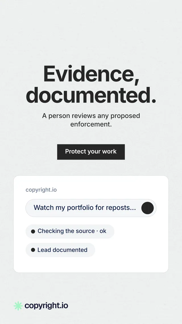 Instagram story for copyright.io: "Evidence, documented." Swiss style, centred layout, light palette in white, grey.