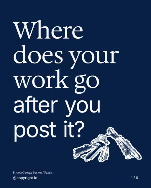 Carousel for copyright.io: "Where does your work go after you post it?". Cutout essay, 6 slides, dark palette.