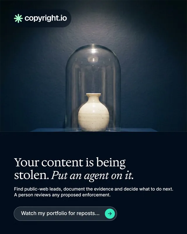 Instagram portrait post for copyright.io: "Your content is being stolen. Put an agent on it." Agentic glass style, bottom layout, dark palette in blue, black, grey.
