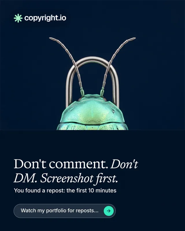 Instagram portrait post for copyright.io: "Don't comment. Don't DM. Screenshot first." Agentic glass style, bottom layout, dark palette in black, blue.