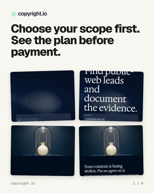 Carousel for copyright.io: "Choose your scope first. See the plan before payment.". Collection carousel, 8 slides, light palette.