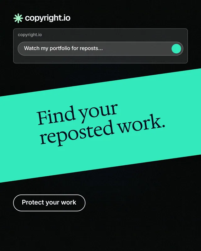 Instagram portrait post for copyright.io: "Find your reposted work." Phosphor atlas style, diagonal layout, dark palette in black, teal.